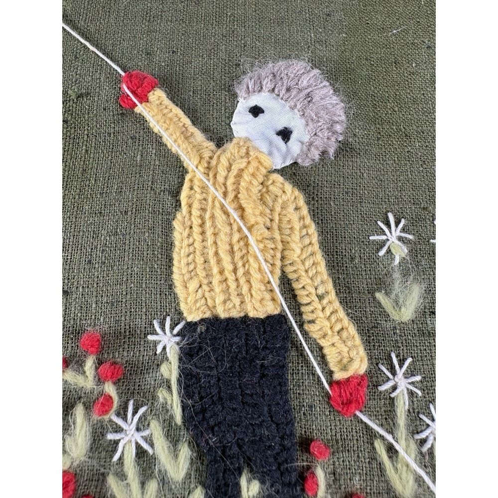 Crewel Needlepoint Art SET OF 2 Boy Girl Kite Flowers Board Back unframed 70's - Picture 2 of 12
